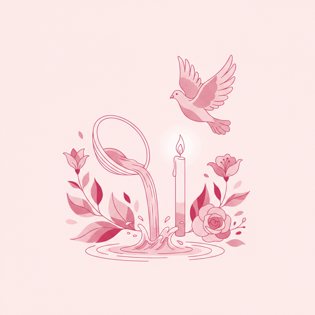 Ilustración de bautizo con concha, vela y paloma, en tonos rosas