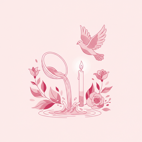 Ilustración de bautizo con concha, vela y paloma, en tonos rosas