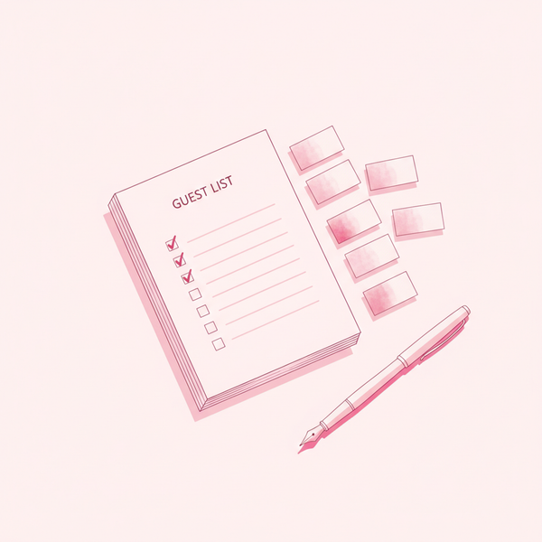 Ilustración de una lista de invitados organizada, en tonos rosas