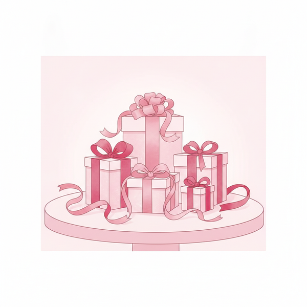 Mesa de regalos decorada con cajas de regalo en tonos rosas