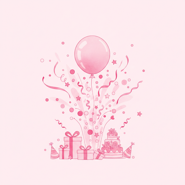 Ilustración de una fiesta de gender reveal con globo y confeti, en tonos rosas