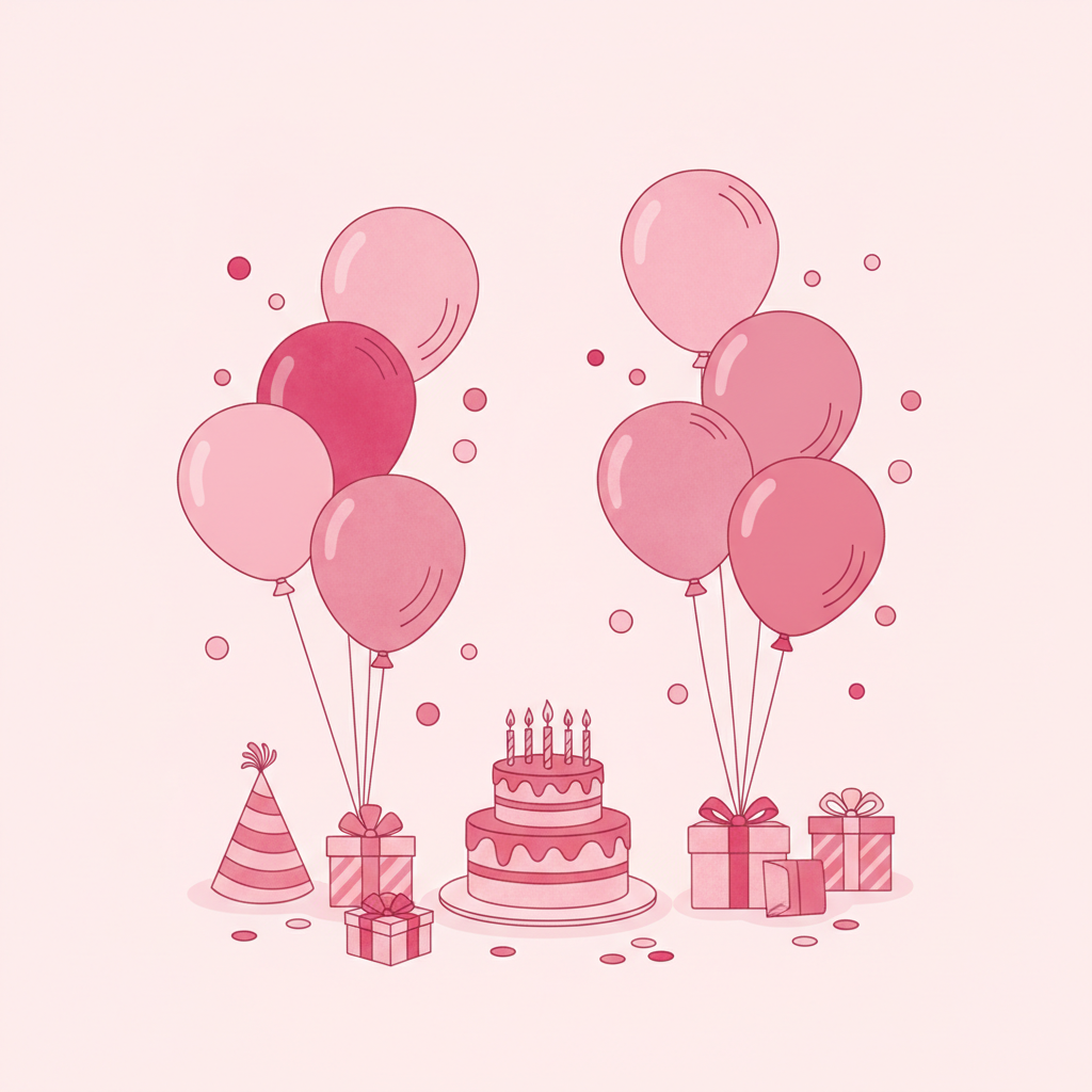 Mesa festiva con globos y pastel de cumpleaños infantil en tonos rosas
