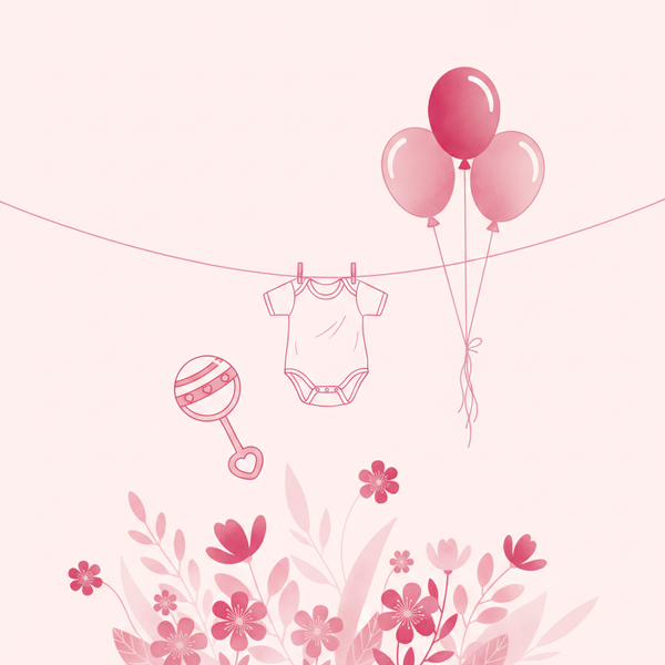 Ilustración de baby shower con mameluco y globos, en tonos rosas