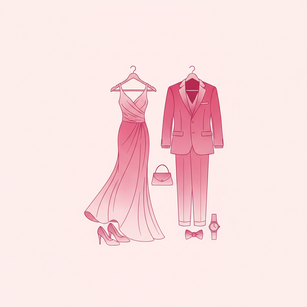 Ilustración de código de vestimenta con vestido y traje, en tonos rosas
