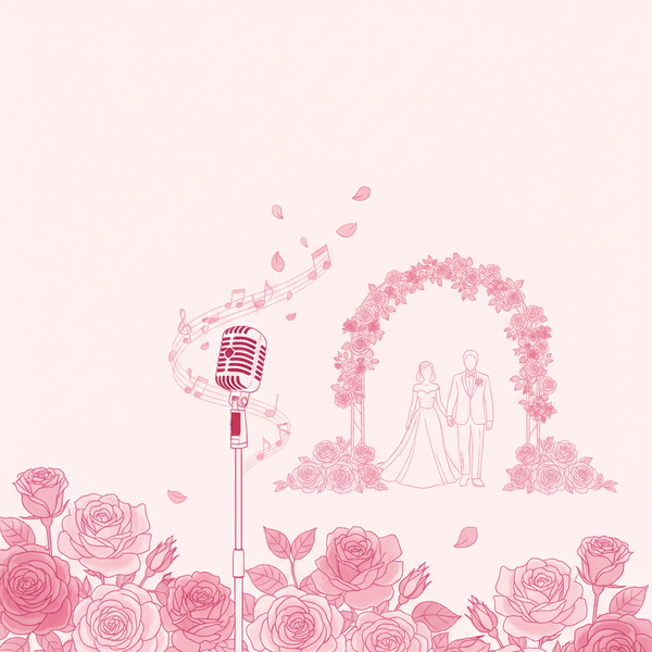 Ilustración de música para la entrada de los novios, en tonos rosas