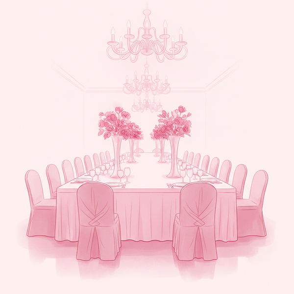 Salón de eventos decorado para boda en tonos rosas
