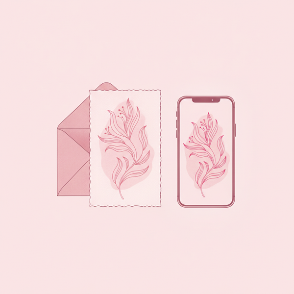 Ilustración comparando invitación de papel y digital, en tonos rosas