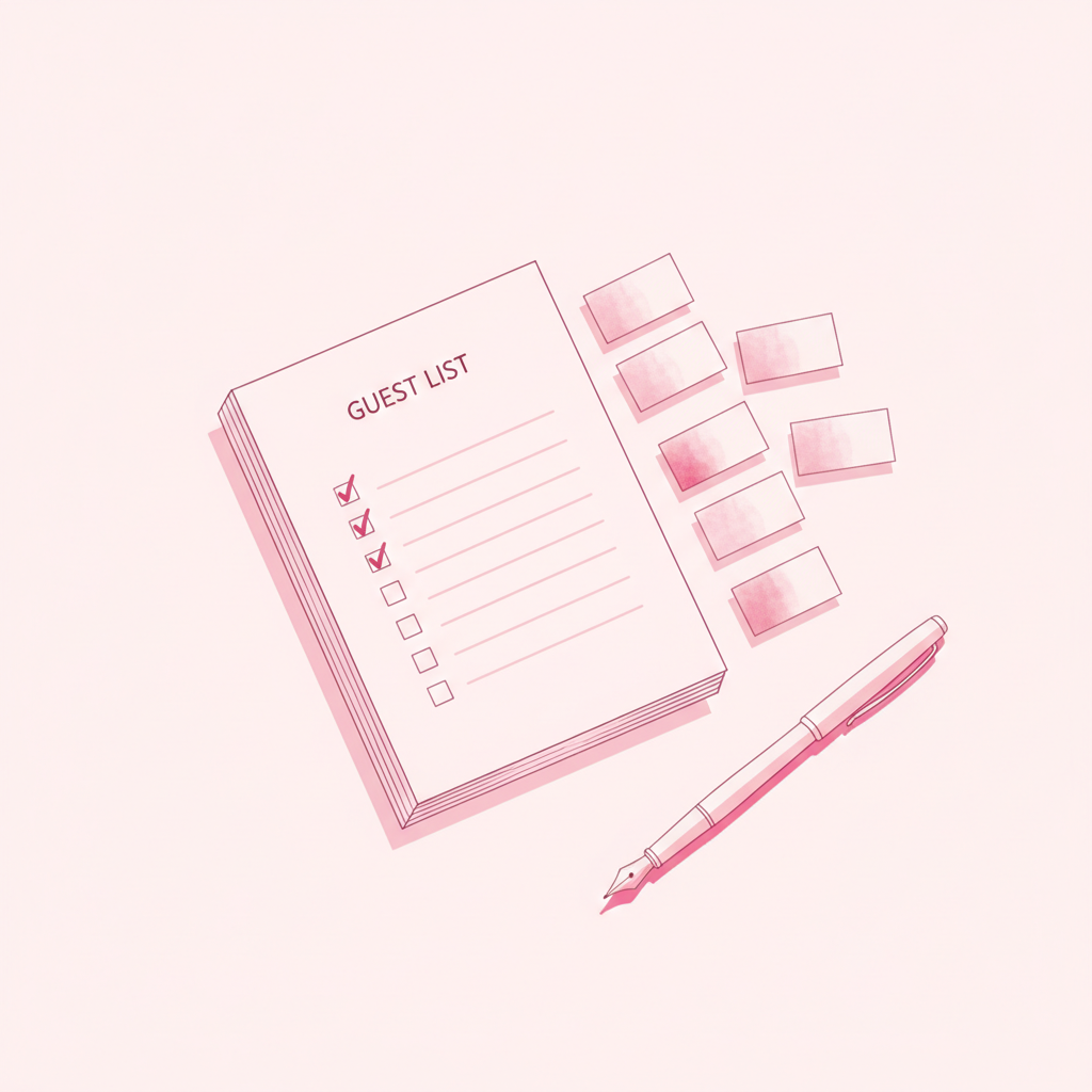 Ilustración de una lista de invitados organizada, en tonos rosas
