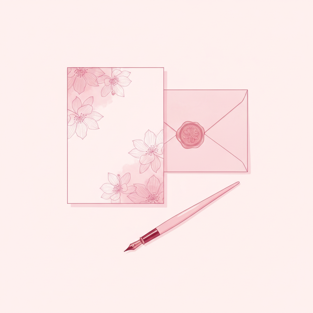 Ilustración de una invitación de boda con sobre y pluma, en tonos rosas