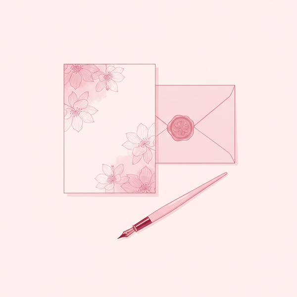 Ilustración de una invitación de boda con sobre y pluma, en tonos rosas