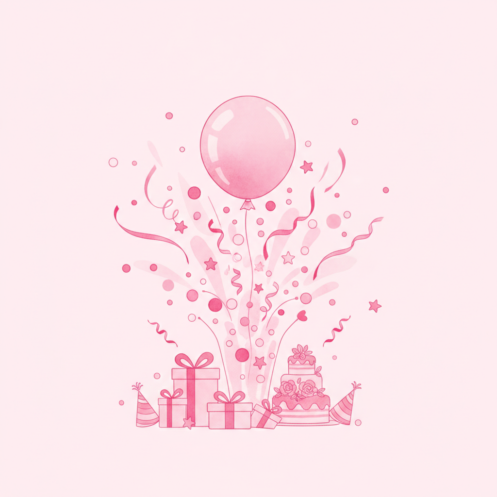 Ilustración de una fiesta de gender reveal con globo y confeti, en tonos rosas