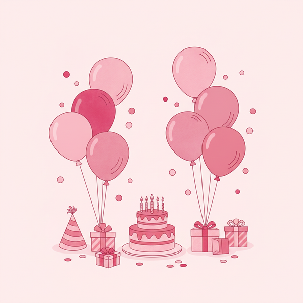 Mesa festiva con globos y pastel de cumpleaños infantil en tonos rosas