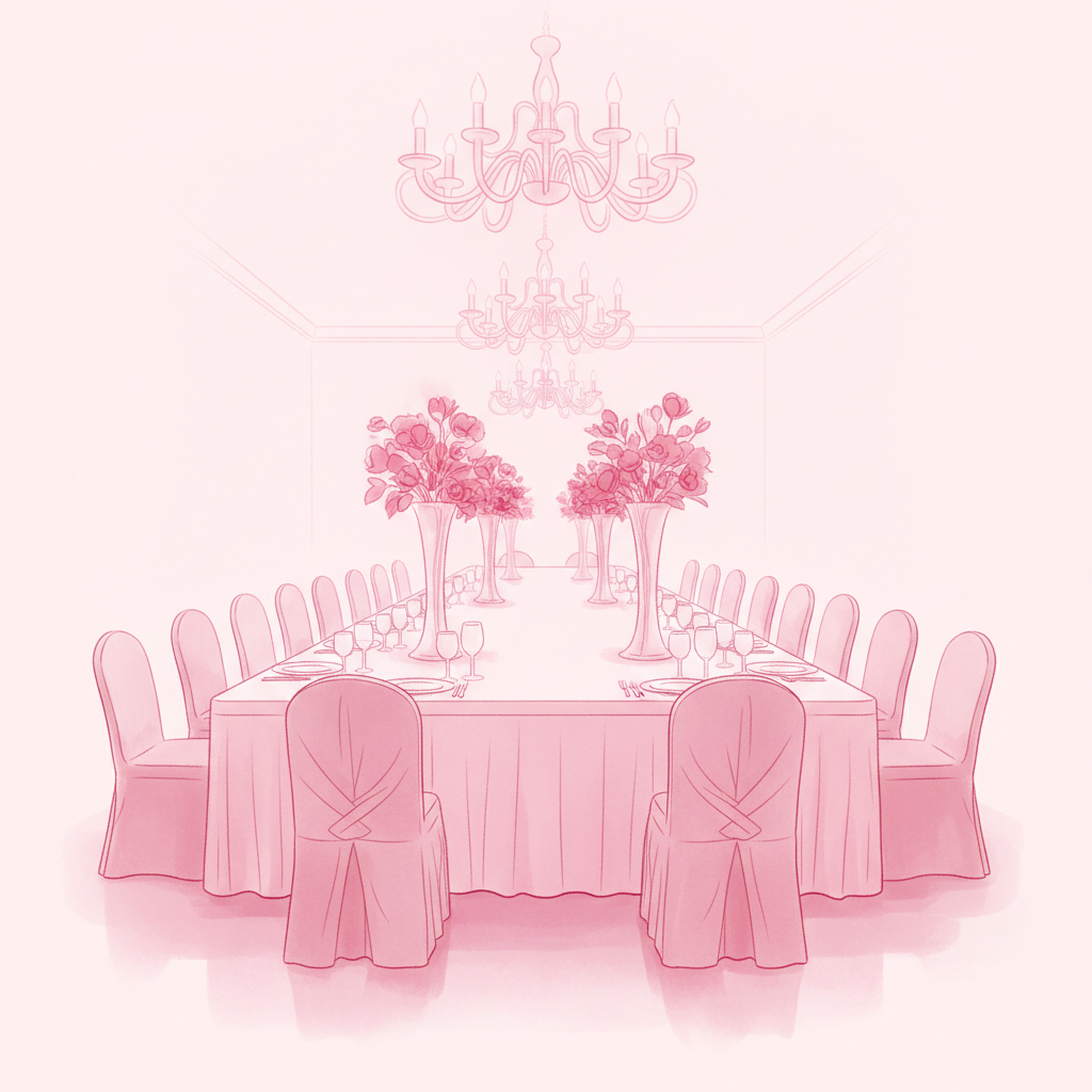 Salón de eventos decorado para boda en tonos rosas