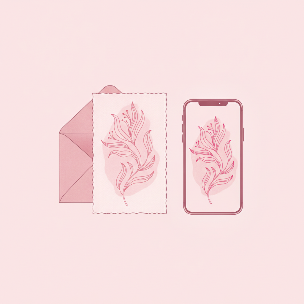 Ilustración comparando invitación de papel y digital, en tonos rosas