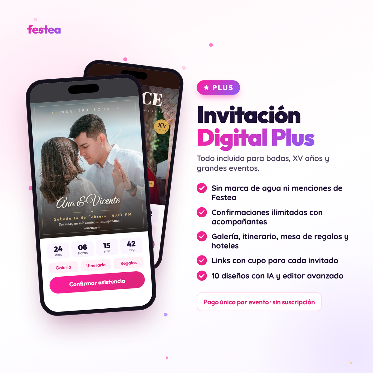 Invitación Digital Plus de Festea: invitación de boda en el celular con galería, itinerario, mesa de regalos y confirmación de asistencia